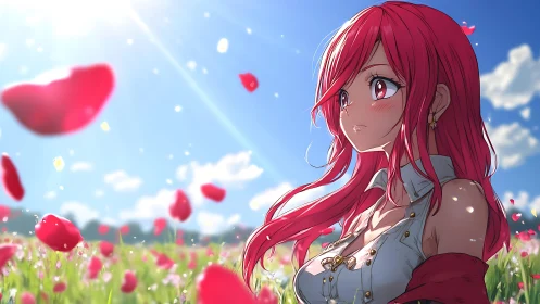 Red haired anime girl in poppy field under strong backlight