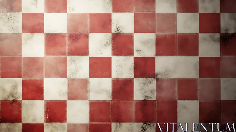 Weathered red-white ceramic grid with grunge surface patina.