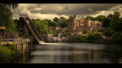 Victorian castle overlooks moody lake and old water ride.