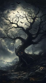 Haunted twisted tree with glowing eyes under full moon.