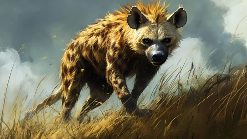Predatory hyena stalking through stormy savanna grassland.