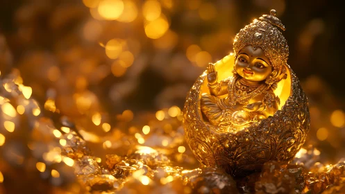 Golden baby Krishna idol rests in ornate glowing lotus shell.