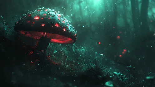 Bioluminescent mushroom renders volumetric glow in misty forest
