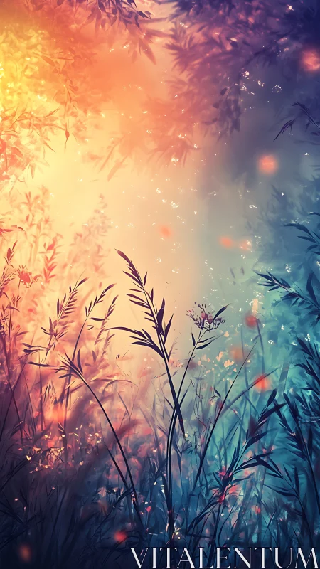 Bokeh-lit grasses divide warm and cool atmospheric color fields