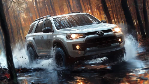 Off-road SUV powers through autumn forest water trail.