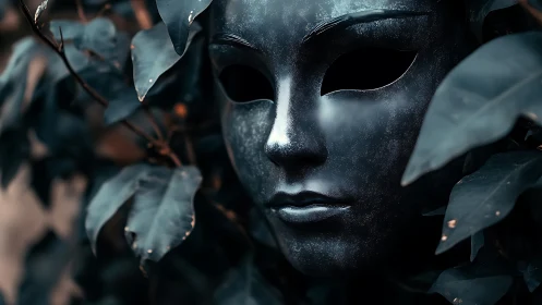 Matte metallic mask with hollow eyes integrated into dense foliage