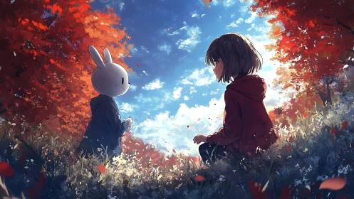 Autumn meadow meeting between girl and rabbit-hooded friend.