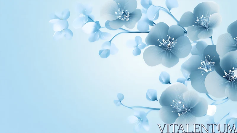 Ethereal Blue Flowers Floating in Soft White Space