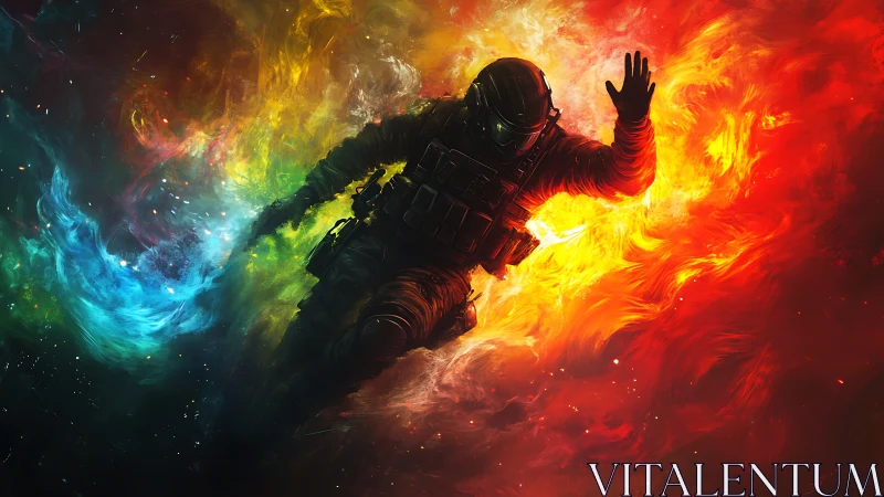 Tactical astronaut drifting between RGB nebular plasma fields