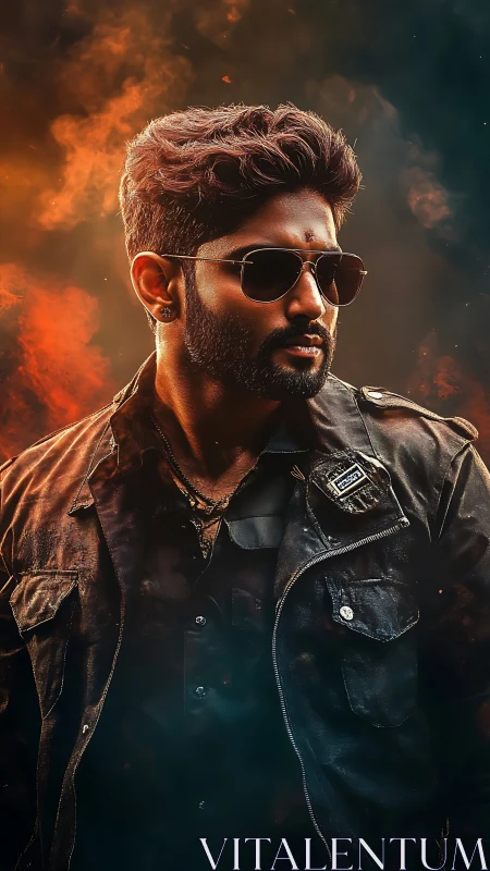 Brooding portrait of man in leather amid ember haze.