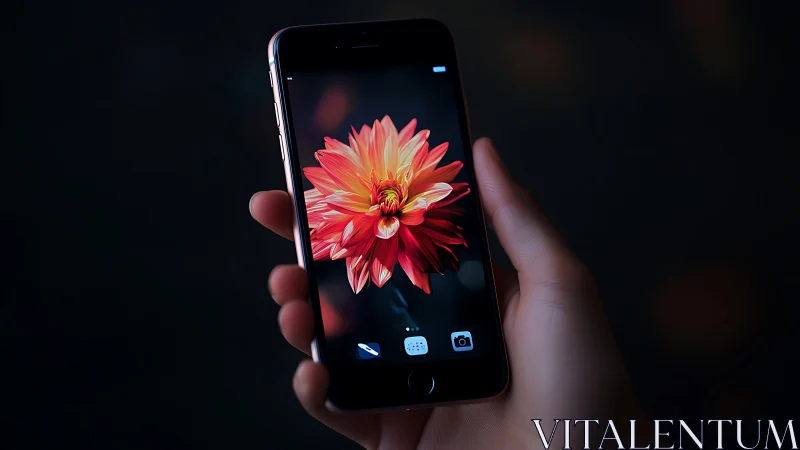 Smartphone Display Exhibits High-Resolution AMOLED Rendering of Vibrant Red Dahlia Flower Specimen