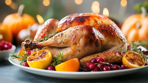 Golden holiday roast turkey with cozy citrus glow on table.