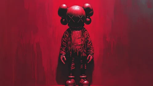 Crimson toy sentinel melts into a dripping monochrome void