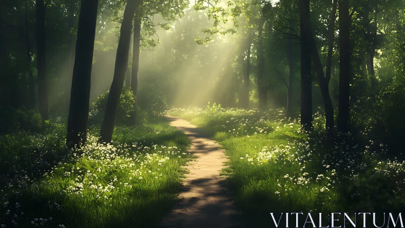 Sunlit forest path with wildflowers, serene nature landscape.
