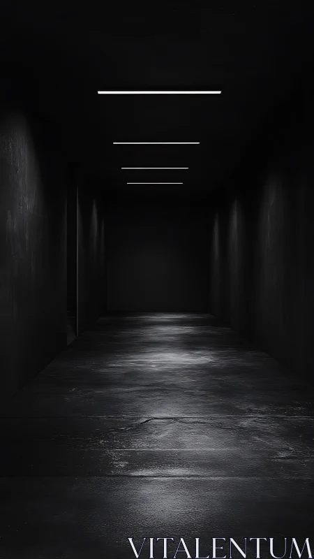Dark industrial corridor with recessed linear ceiling lights.