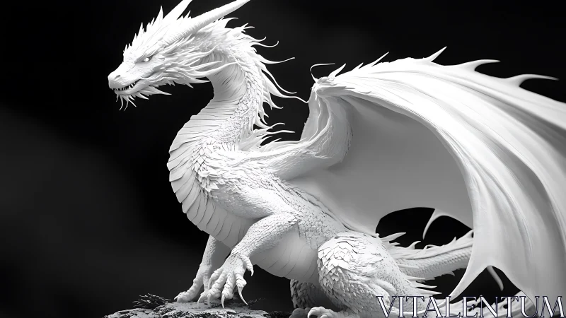 High-detail white dragon sculpture rendered in dramatic grayscale