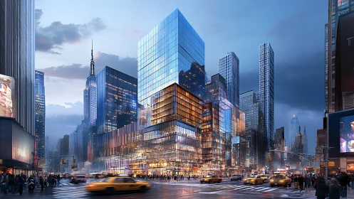 Manhattan street intersection at dusk with commercial buildings.