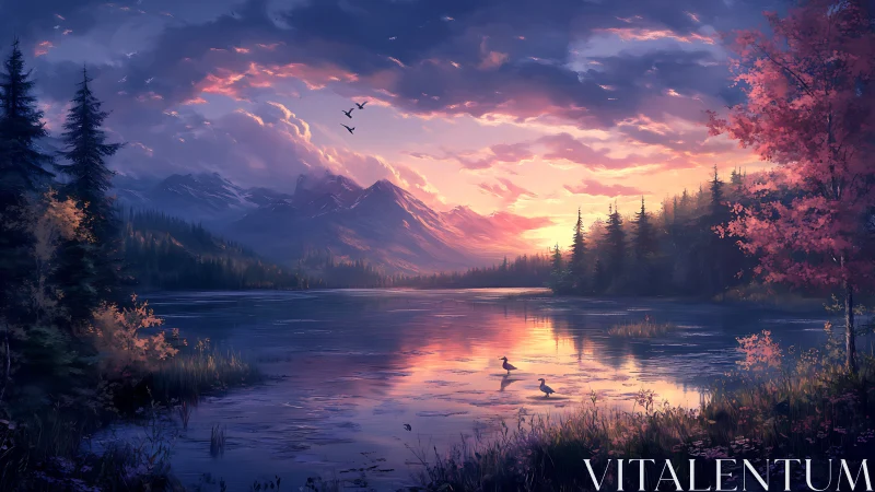 Mountain lake sunset reflects colorful sky and forest