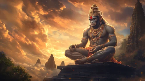 Divine simian deity in meditative temple skyline glow.