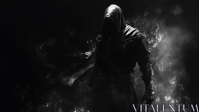 Hooded shadow warrior emerges from swirling black smoke