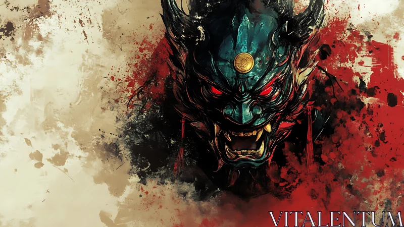 Demonic oni mask emerges from chaotic ink splatter gradients