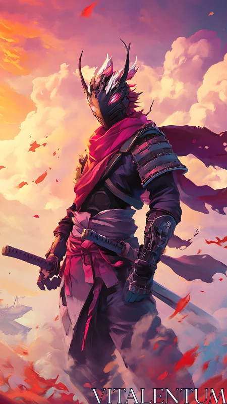 Armored swordsman stands in stylized sunset cloudscape