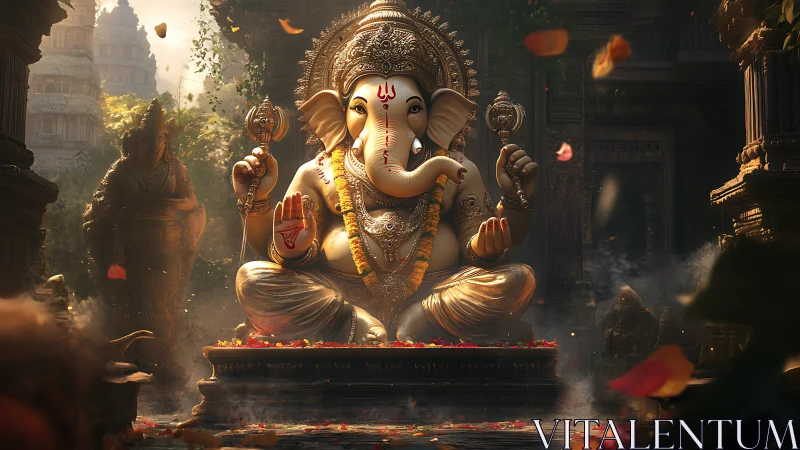 Golden Ganesha glows in incense haze and drifting petals.