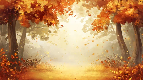 Autumn Forest Path with Golden Light and Falling Leaves