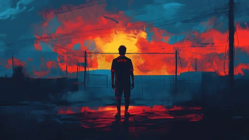 Silhouette of lone figure before chain-link fence at sunset.