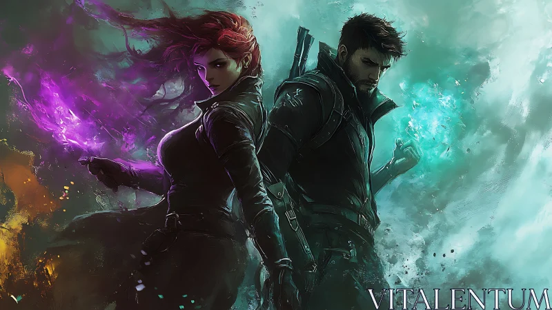 Arcane duo ignite stormlit battlefield with rival magic auras.