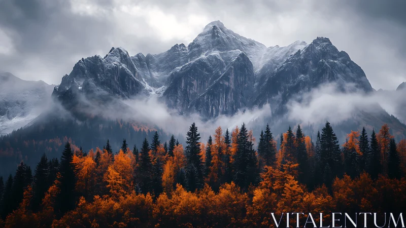 Snowy mountain peaks rise above dense orange autumn forest
