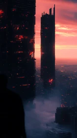 Silhouette overlooking ruined skyscrapers at red sunset.