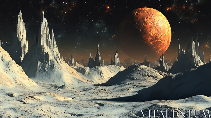 Frozen alien landscape extends beneath large cratered planet