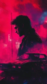 Neon noir driver in moody city haze at night street scene.