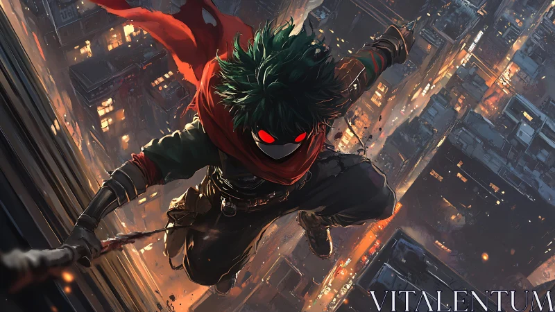 Masked vigilante leaps over illuminated city at night.