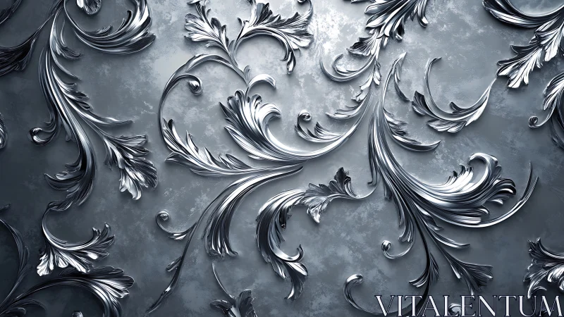 Gleaming silver flourishes curl across a cool textured wall