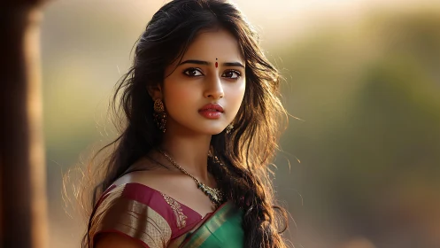 Sunlit portrait of young woman in traditional saree art.