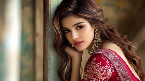 Brunette woman in red embroidered sari with soft window light.