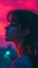 Side profile portrait in neon pink and blue light.