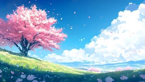 Blossom crowned hillside dreaming under wild blue skies.