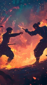 Samurai duel framed by blazing fire and falling embers.