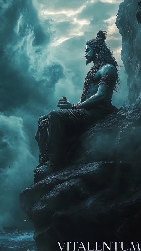 Serene blue deity resting above stormy, swirling clouds.