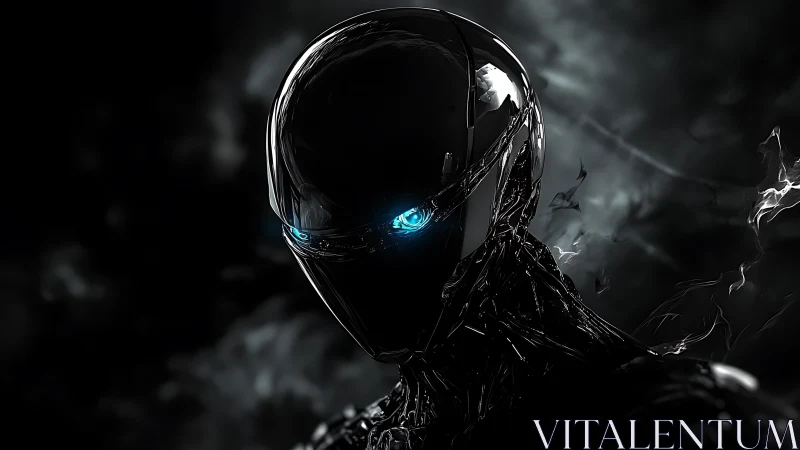 Cyberpunk chrome android portrait with luminescent optics.