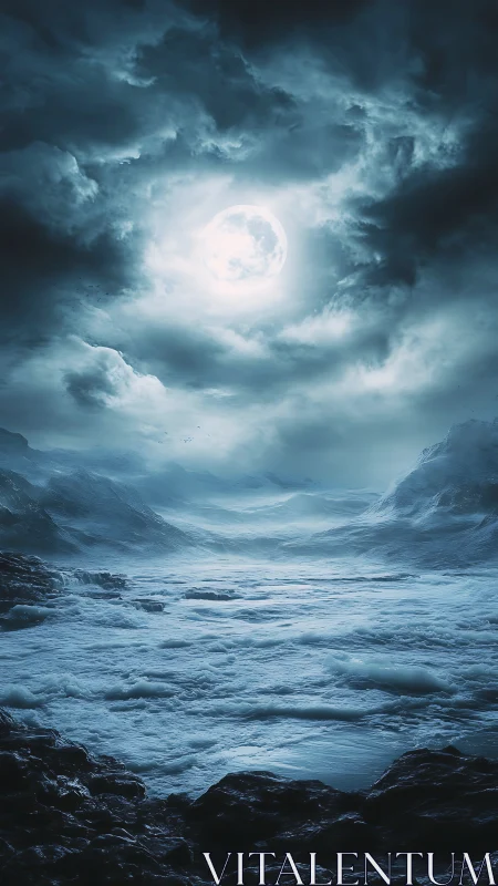 Moonlit frozen seascape under dense storm cloud cover.