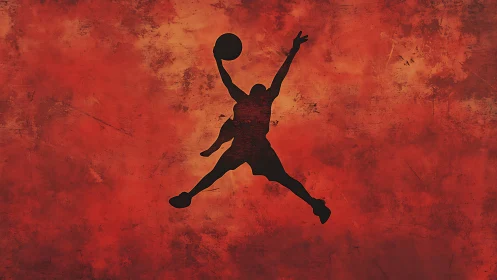 Silhouetted basketball dunker soars over textured red sky.