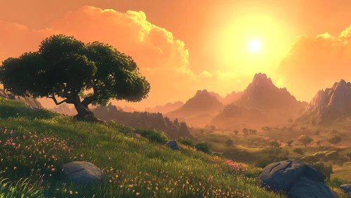 Sunlit valley landscape with lone tree on grassy hillside.