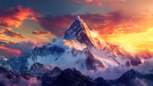Snowy mountain peak under vivid orange sunset sky.