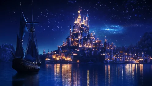 Illuminated Fantasy Castle with Sailing Vessel in Nocturnal Waterscape.