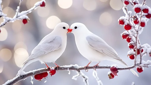 Two white birds kiss on frosted branch with red berries.