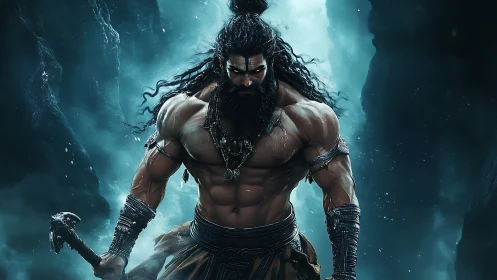 Storm-forged warrior strides through a misty frozen canyon.